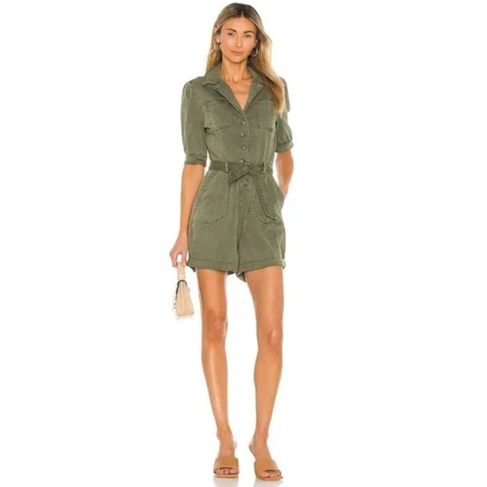 PAIGE Mayslie Romper in Vintage Ivy Green Safari Playsuit Shorts (Size 2)